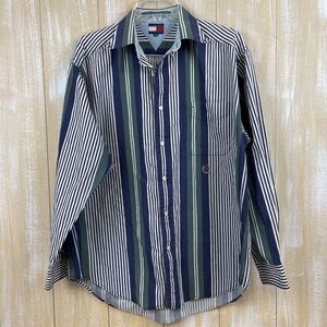 Vintage 90s Tommy Hilfiger Blue & Green Striped Mens Medium Shirt Button
